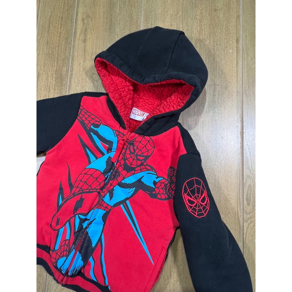 Marvel Spider-Man Boys Red Black Sherpa Lined Full Zip Fleece Hoodie Jacket 3T